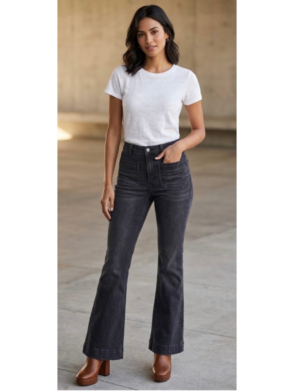 Sonoma High Rise Flare Patch Pocket Black Denim Jeans Size 10 Boho Retro NWT